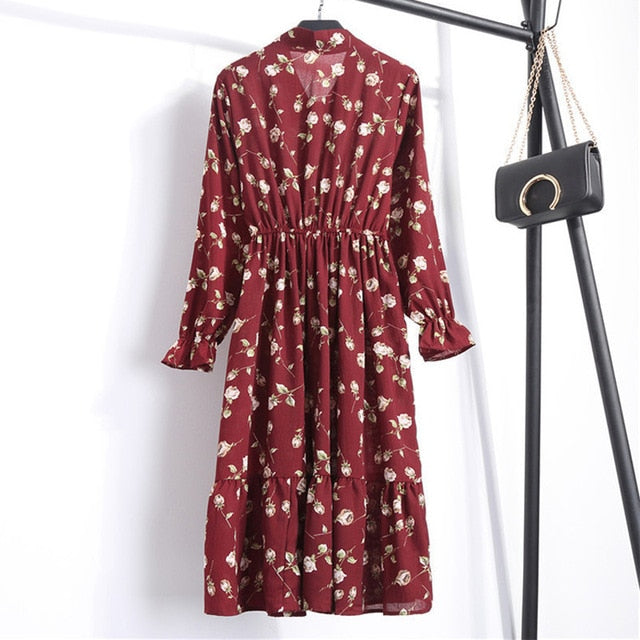 Women Casual Autumn Dress Lady Korean Style Vintage Floral Printed Chiffon Shirt Dress Winter Long Sleeve Bow Midi Dress Vestido
