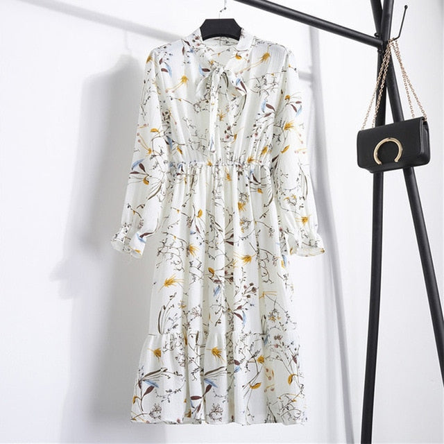 Women Casual Autumn Dress Lady Korean Style Vintage Floral Printed Chiffon Shirt Dress Winter Long Sleeve Bow Midi Dress Vestido