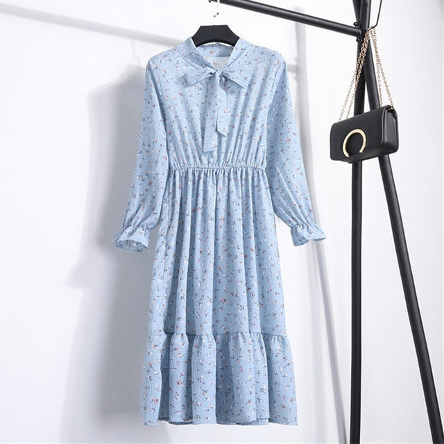 Women Casual Autumn Dress Lady Korean Style Vintage Floral Printed Chiffon Shirt Dress Winter Long Sleeve Bow Midi Dress Vestido