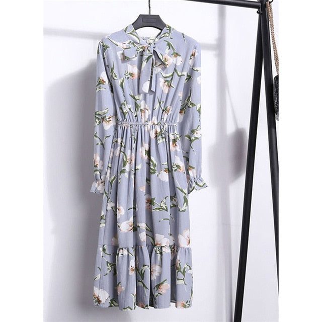 Women Casual Autumn Dress Lady Korean Style Vintage Floral Printed Chiffon Shirt Dress Winter Long Sleeve Bow Midi Dress Vestido