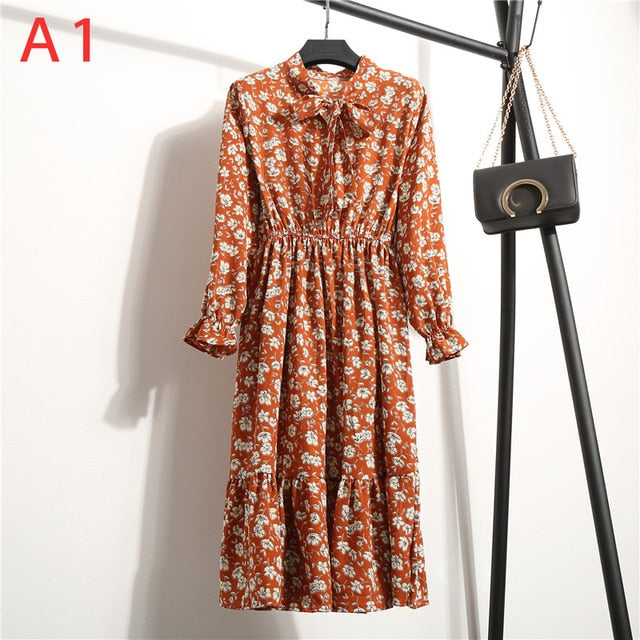 Women Casual Autumn Dress Lady Korean Style Vintage Floral Printed Chiffon Shirt Dress Winter Long Sleeve Bow Midi Dress Vestido