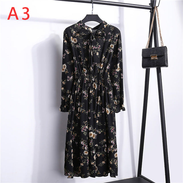 Women Casual Autumn Dress Lady Korean Style Vintage Floral Printed Chiffon Shirt Dress Winter Long Sleeve Bow Midi Dress Vestido
