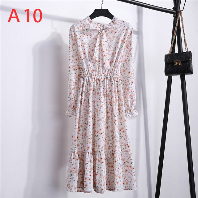 Women Casual Autumn Dress Lady Korean Style Vintage Floral Printed Chiffon Shirt Dress Winter Long Sleeve Bow Midi Dress Vestido