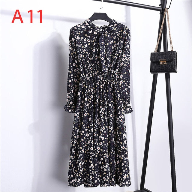 Women Casual Autumn Dress Lady Korean Style Vintage Floral Printed Chiffon Shirt Dress Winter Long Sleeve Bow Midi Dress Vestido
