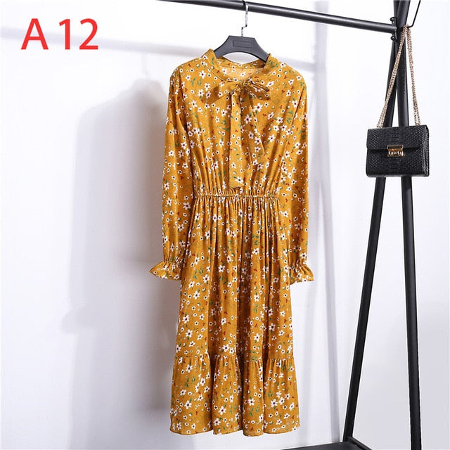 Women Casual Autumn Dress Lady Korean Style Vintage Floral Printed Chiffon Shirt Dress Winter Long Sleeve Bow Midi Dress Vestido