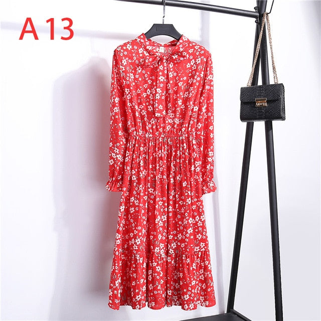 Women Casual Autumn Dress Lady Korean Style Vintage Floral Printed Chiffon Shirt Dress Winter Long Sleeve Bow Midi Dress Vestido