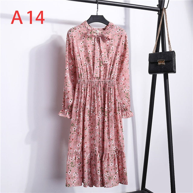 Women Casual Autumn Dress Lady Korean Style Vintage Floral Printed Chiffon Shirt Dress Winter Long Sleeve Bow Midi Dress Vestido