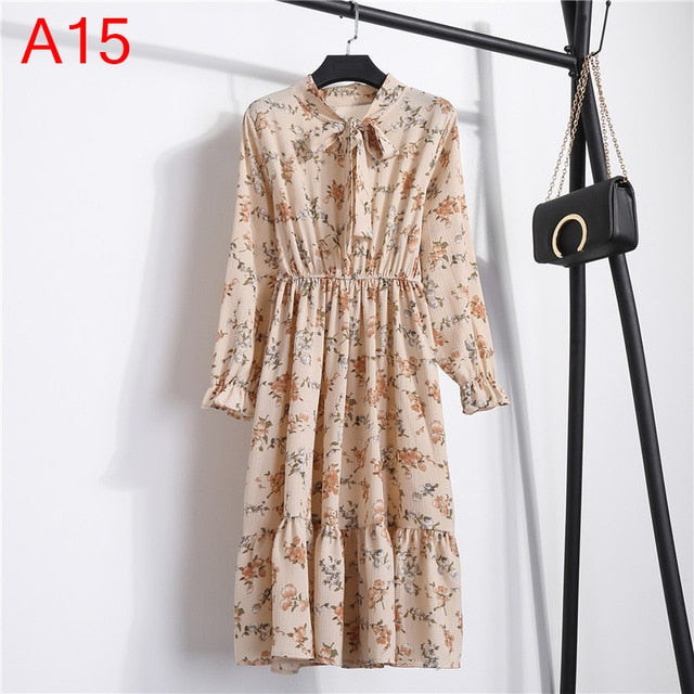 Women Casual Autumn Dress Lady Korean Style Vintage Floral Printed Chiffon Shirt Dress Winter Long Sleeve Bow Midi Dress Vestido