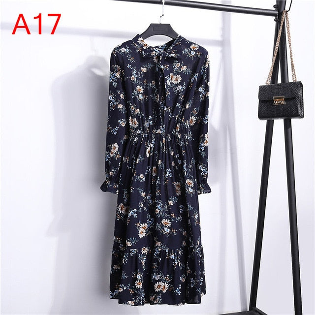 Women Casual Autumn Dress Lady Korean Style Vintage Floral Printed Chiffon Shirt Dress Winter Long Sleeve Bow Midi Dress Vestido