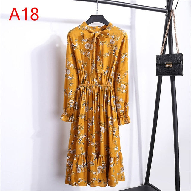 Women Casual Autumn Dress Lady Korean Style Vintage Floral Printed Chiffon Shirt Dress Winter Long Sleeve Bow Midi Dress Vestido