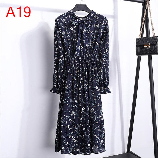 Women Casual Autumn Dress Lady Korean Style Vintage Floral Printed Chiffon Shirt Dress Winter Long Sleeve Bow Midi Dress Vestido