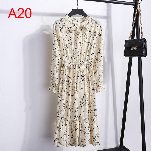 Women Casual Autumn Dress Lady Korean Style Vintage Floral Printed Chiffon Shirt Dress Winter Long Sleeve Bow Midi Dress Vestido