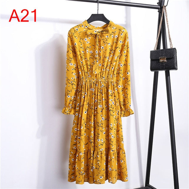 Women Casual Autumn Dress Lady Korean Style Vintage Floral Printed Chiffon Shirt Dress Winter Long Sleeve Bow Midi Dress Vestido