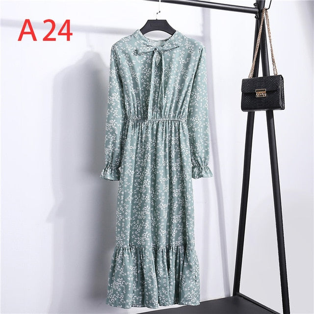Women Casual Autumn Dress Lady Korean Style Vintage Floral Printed Chiffon Shirt Dress Winter Long Sleeve Bow Midi Dress Vestido