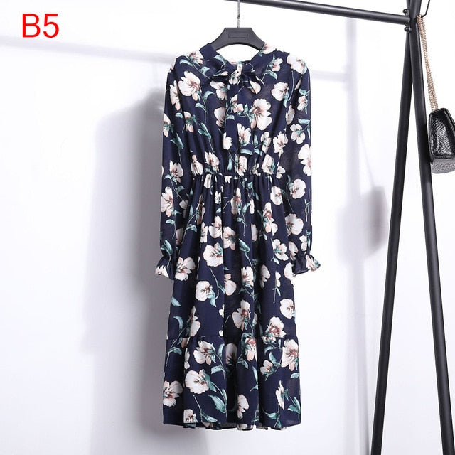Women Casual Autumn Dress Lady Korean Style Vintage Floral Printed Chiffon Shirt Dress Winter Long Sleeve Bow Midi Dress Vestido