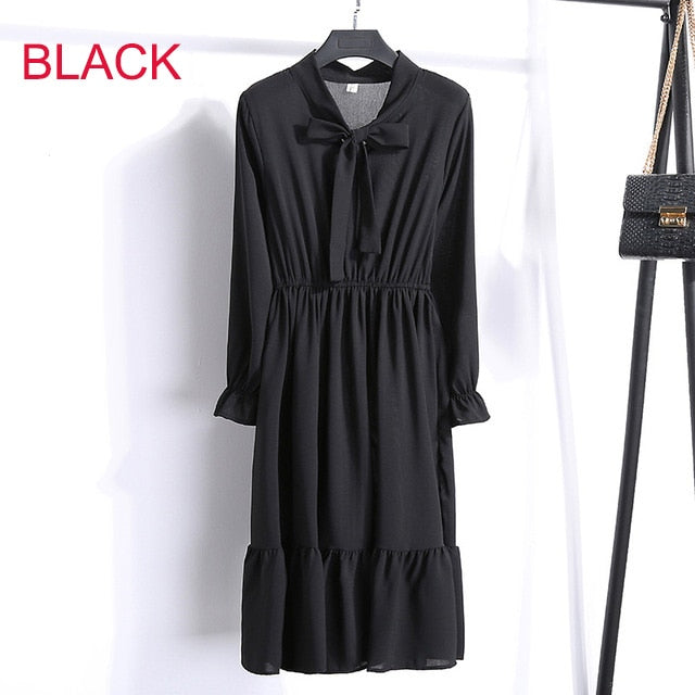 Women Casual Autumn Dress Lady Korean Style Vintage Floral Printed Chiffon Shirt Dress Winter Long Sleeve Bow Midi Dress Vestido