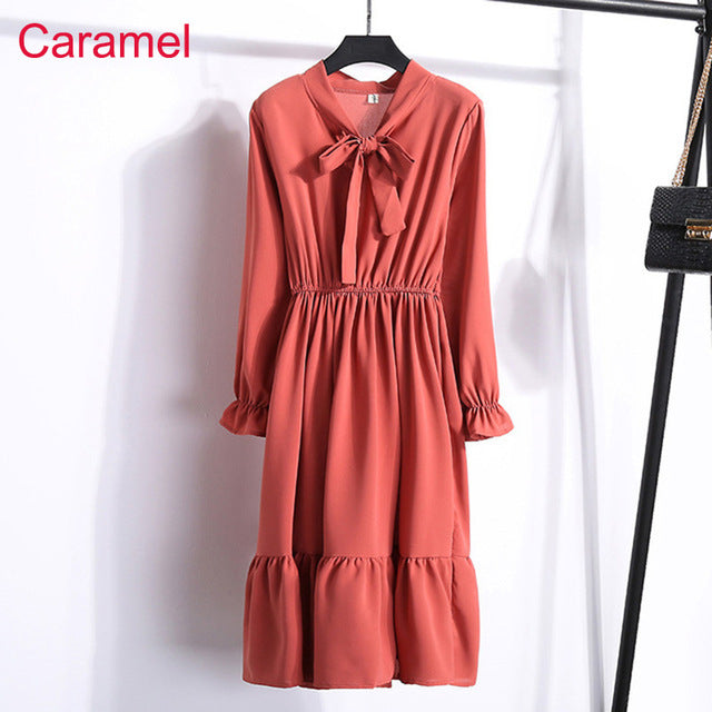 Women Casual Autumn Dress Lady Korean Style Vintage Floral Printed Chiffon Shirt Dress Winter Long Sleeve Bow Midi Dress Vestido