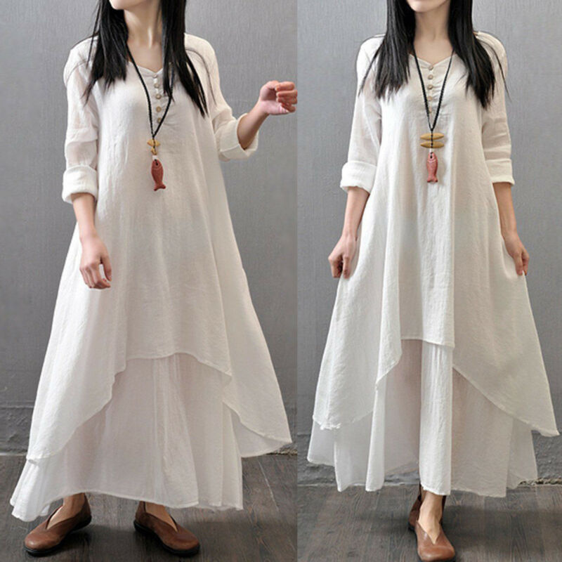 Retro 2019 Spring Boho Women V Nekc Peasant Ethnic Cotton Linen Maxi Dress Casual Long Sleeve Button Irregular Long Dress hot