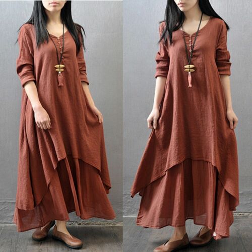 Retro 2019 Spring Boho Women V Nekc Peasant Ethnic Cotton Linen Maxi Dress Casual Long Sleeve Button Irregular Long Dress hot