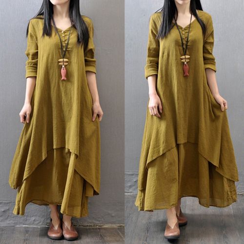 Retro 2019 Spring Boho Women V Nekc Peasant Ethnic Cotton Linen Maxi Dress Casual Long Sleeve Button Irregular Long Dress hot