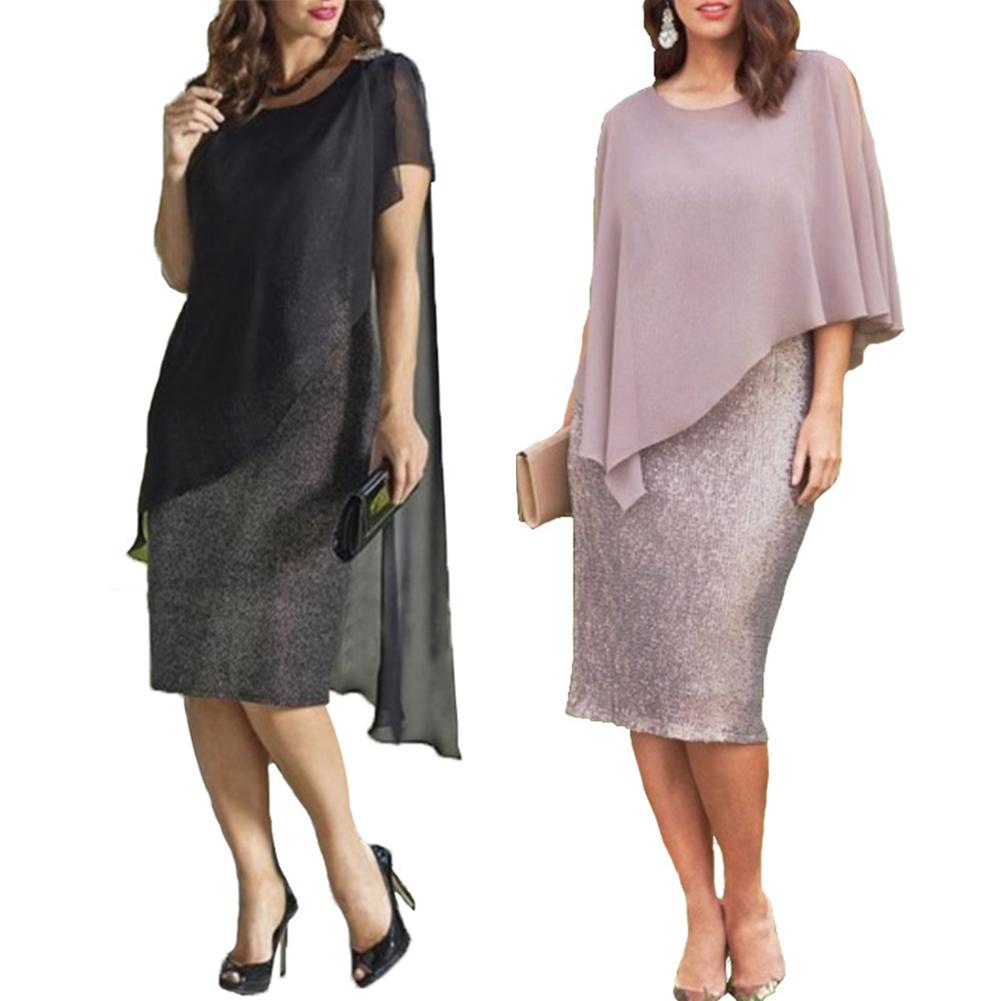 2019 New Womens dress Elegant Plus Size O-Neck Chiffon Patchwork Double Layer Casual Loose Lady Office Party Midi Pencil Dress